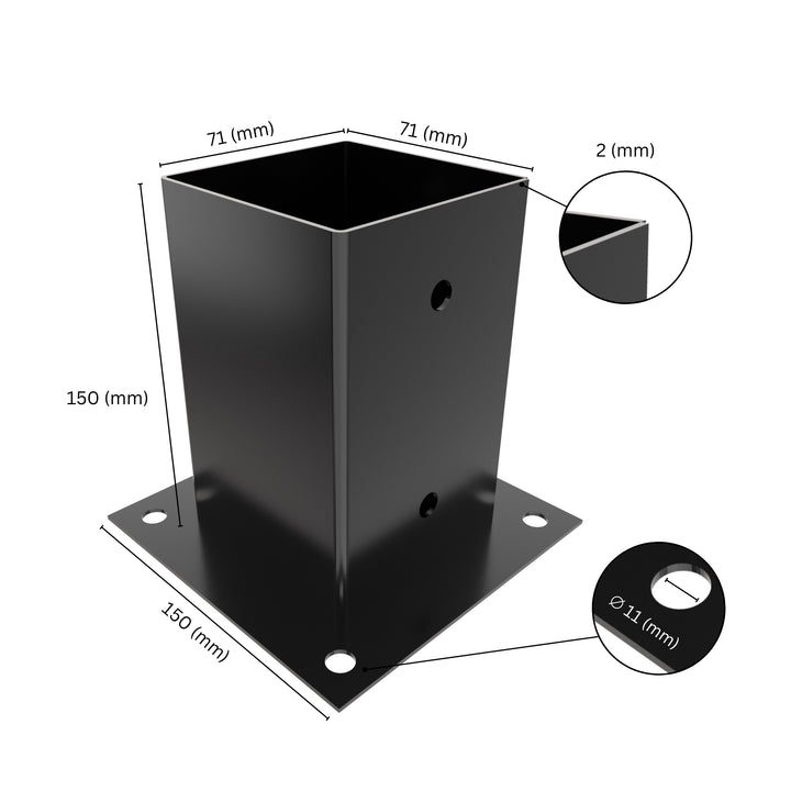 Square post base bracket with labeled dimensions showing bracket size, height, base plate width.