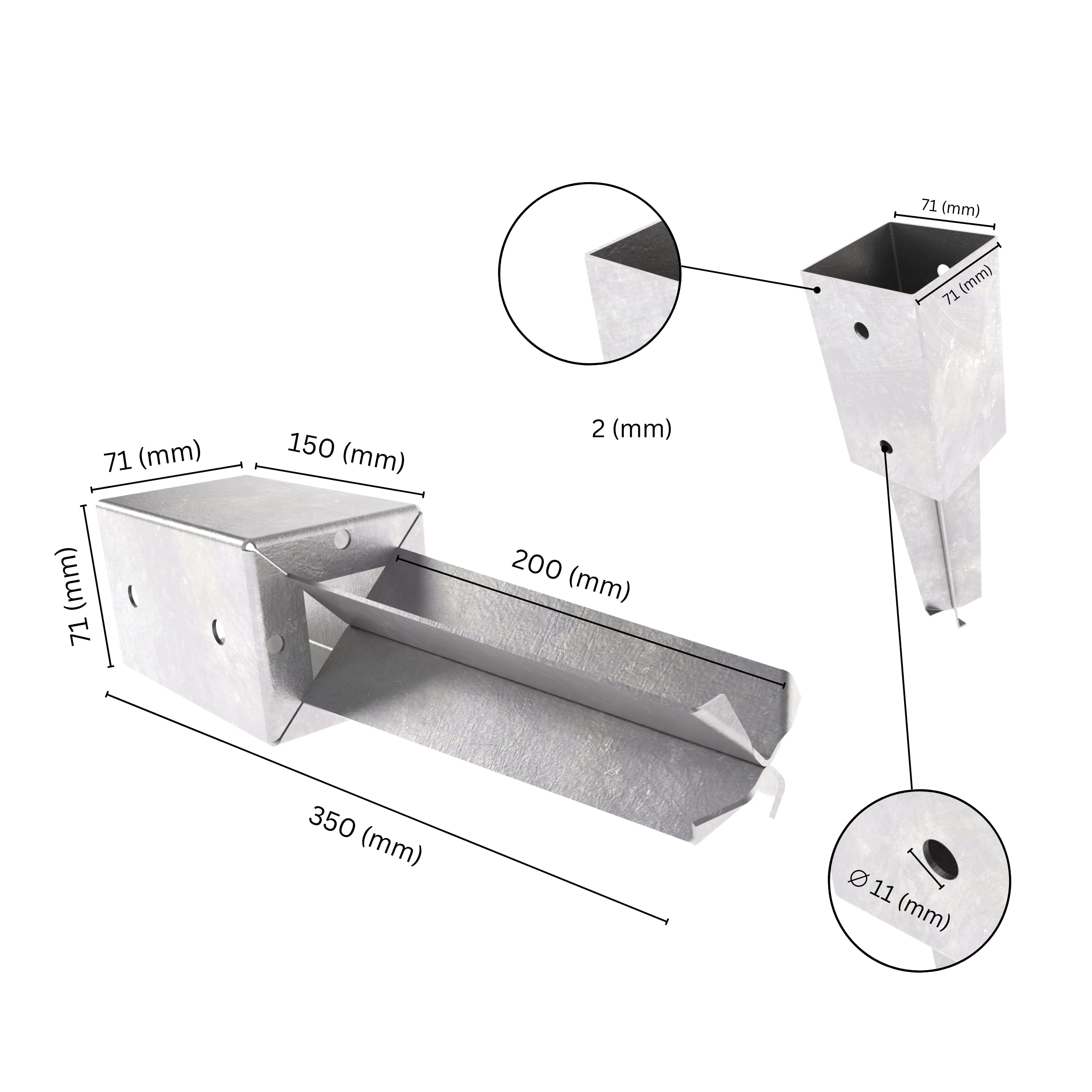 Concrete in post spike anchor with labeled size and dimensions.