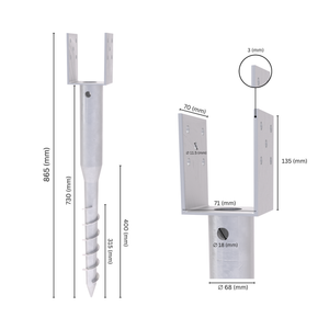 Ground screw U post support with labeled dimension.