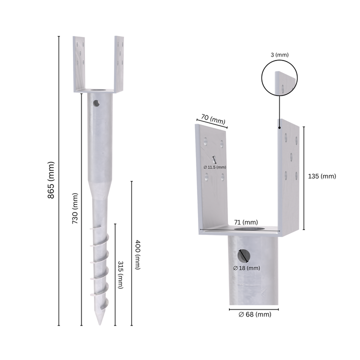 Ground screw U post support with labeled dimension.