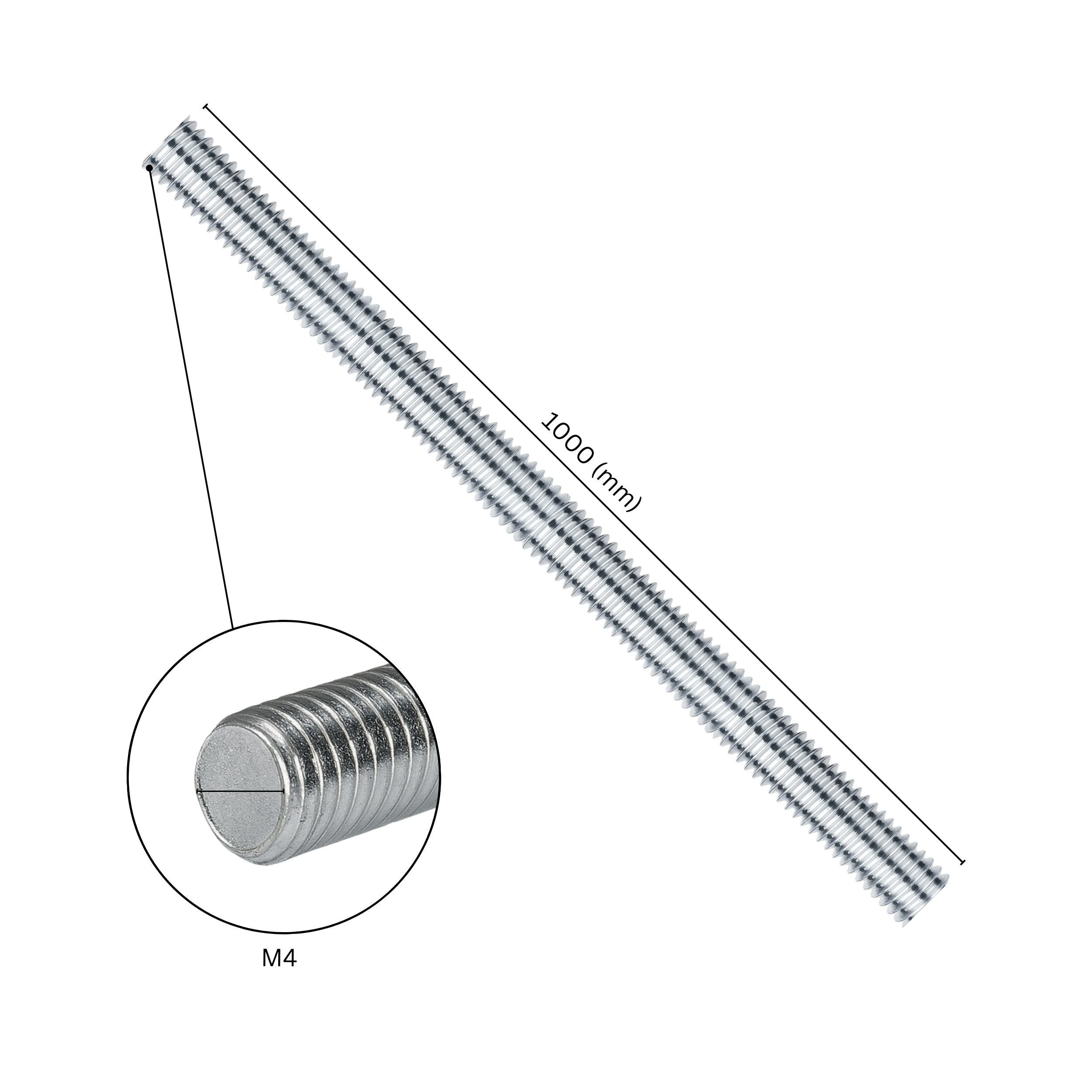 Threaded screw rod with labeled size dimensions.
