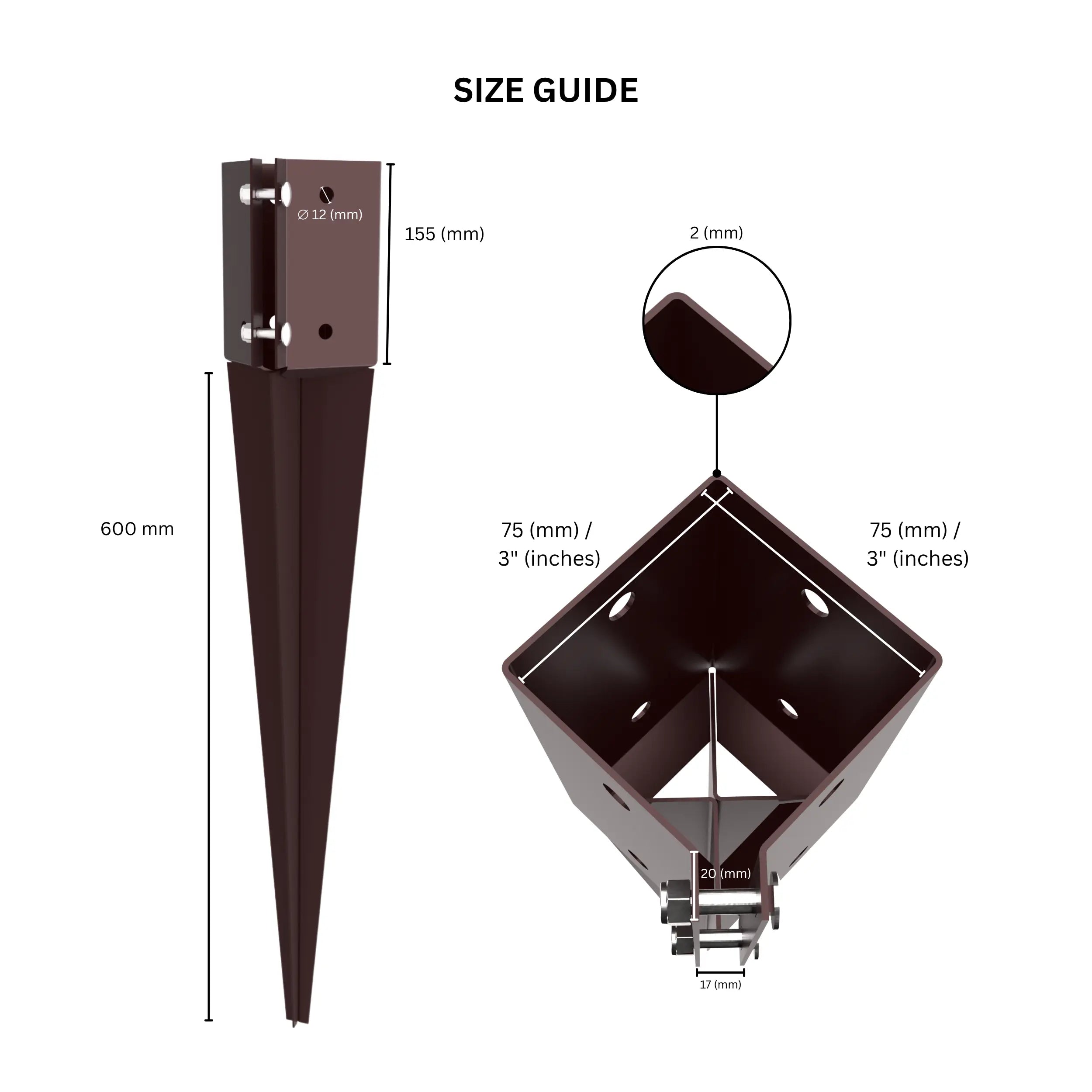 Drive in fence post spike with labeled dimensions.