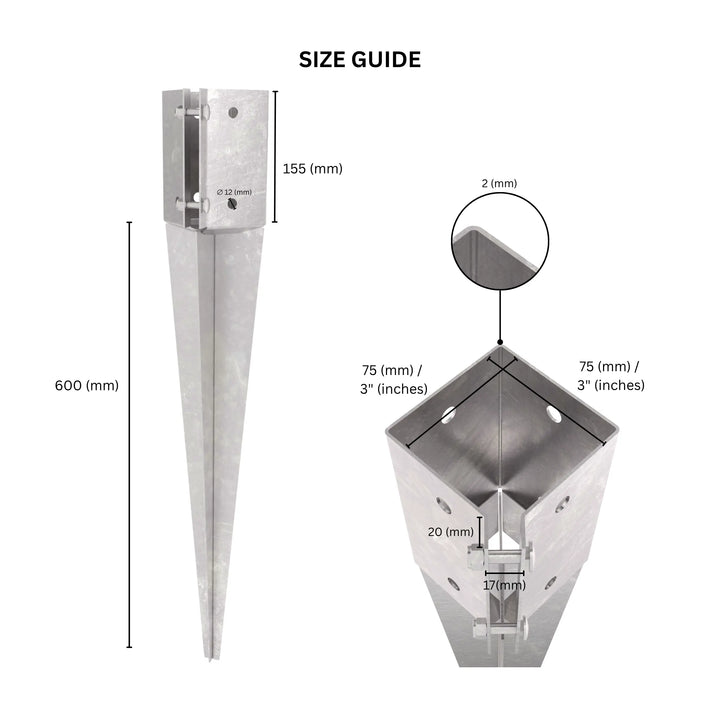Drive in fence post spike with labeled dimensions.