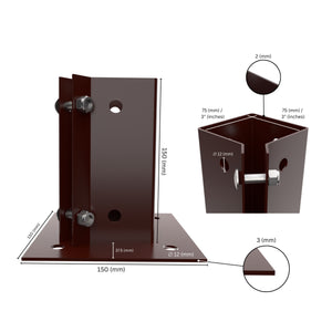 Swift Clamp Bolt Down Post Support with labeled dimensions.