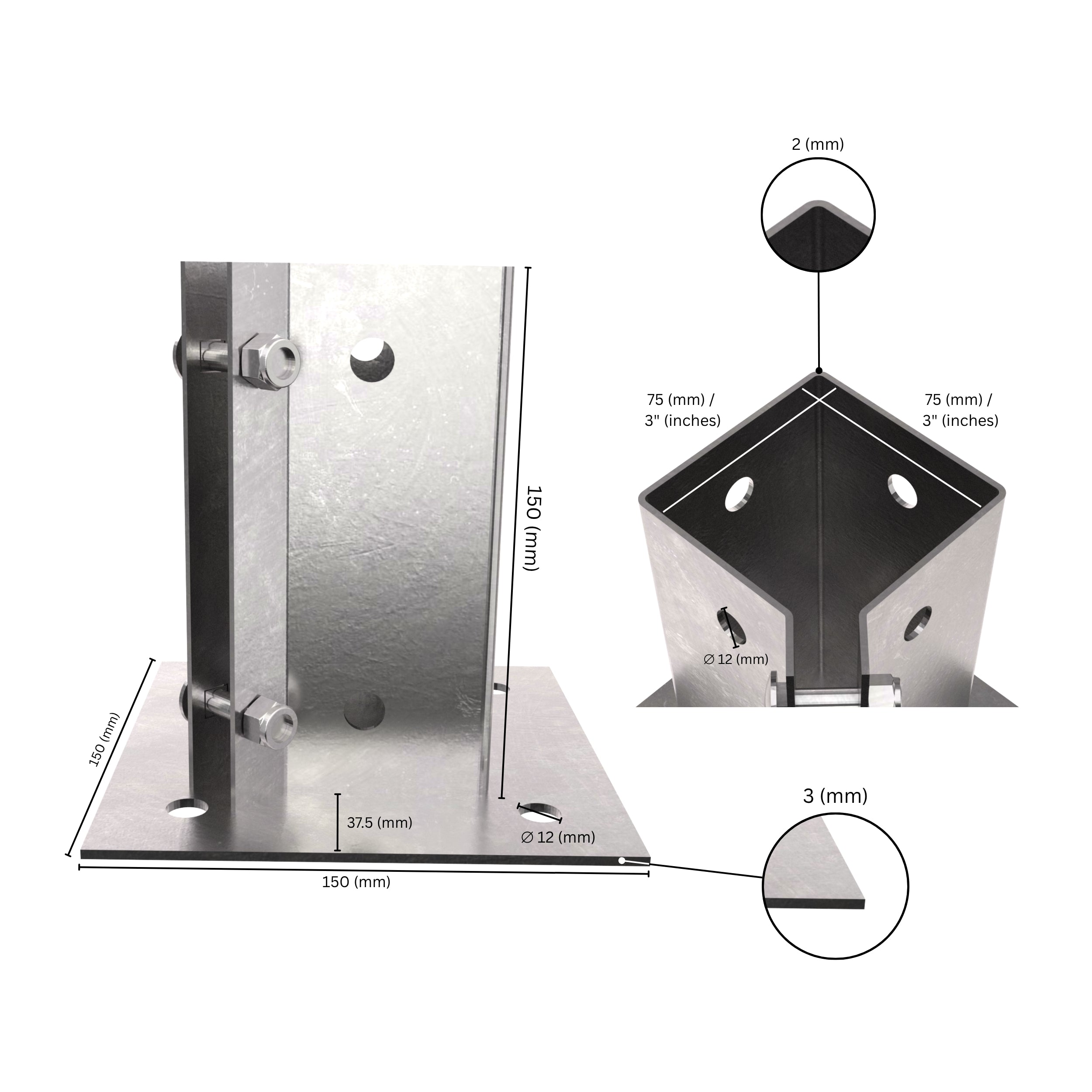 Swift Clamp Bolt Down Post Support with labeled dimensions.