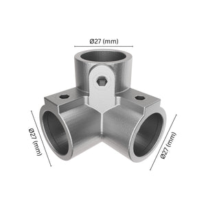 90° 3-way corner pipe clamp 27 mm with labeled dimensions.