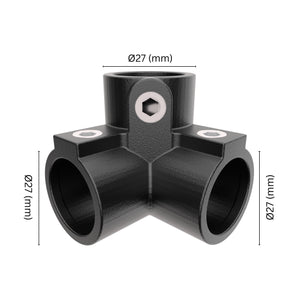 90° 3-way corner pipe clamp 27 mm with labeled dimensions.