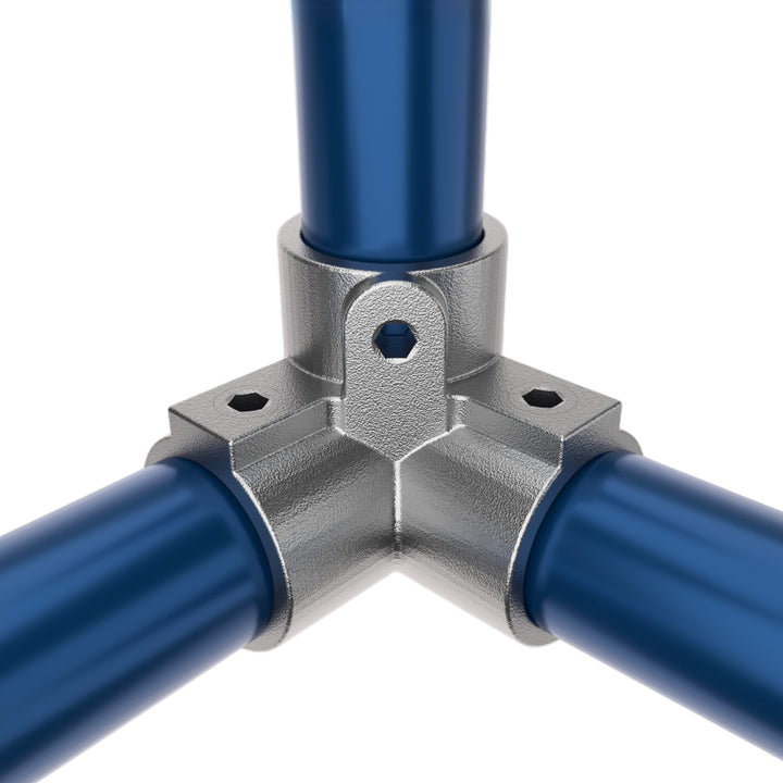 3-way corner tube clamp joining three pipes at right angles.