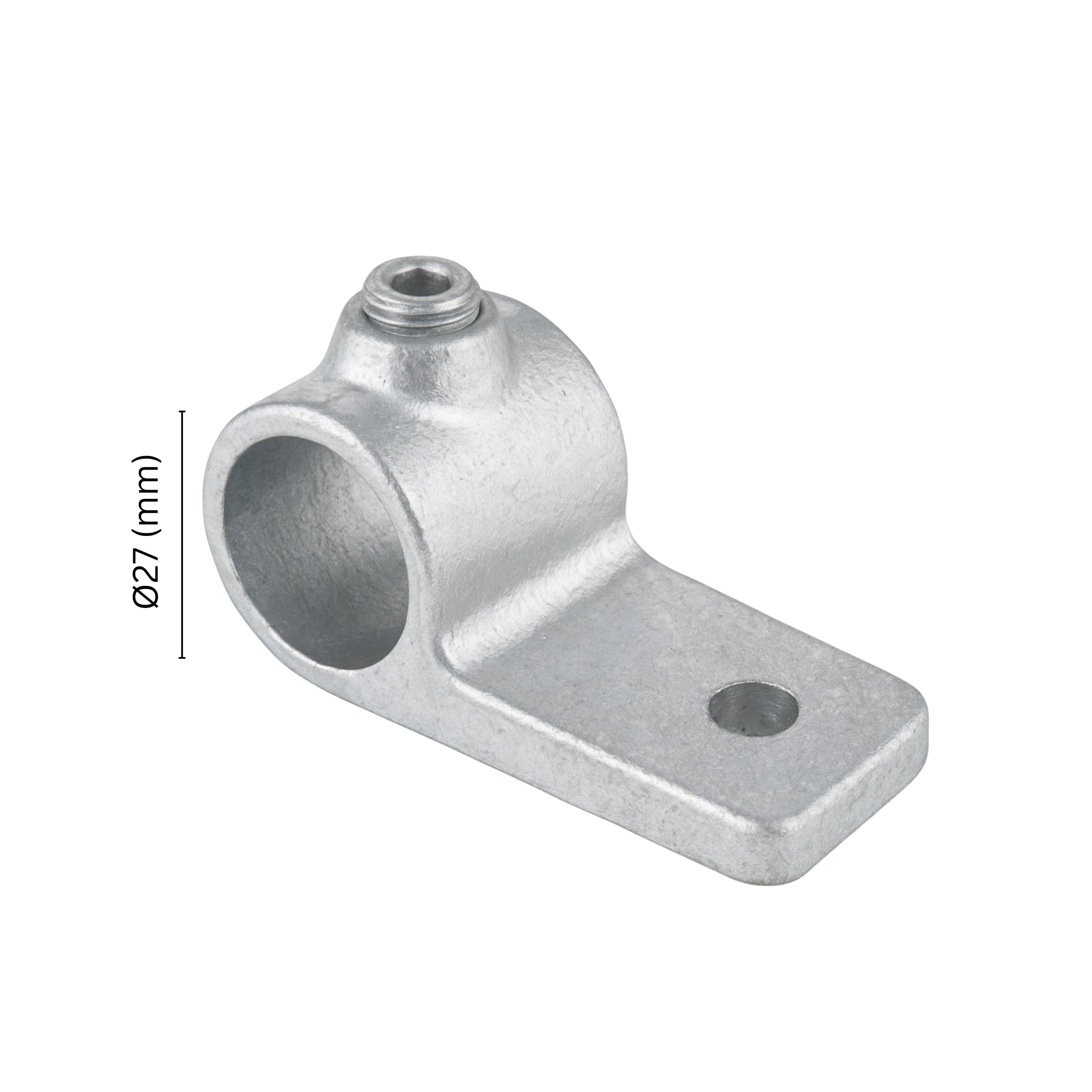 Single lugged mounting bracket tube clamp fitting 27 mm with labeled dimension.