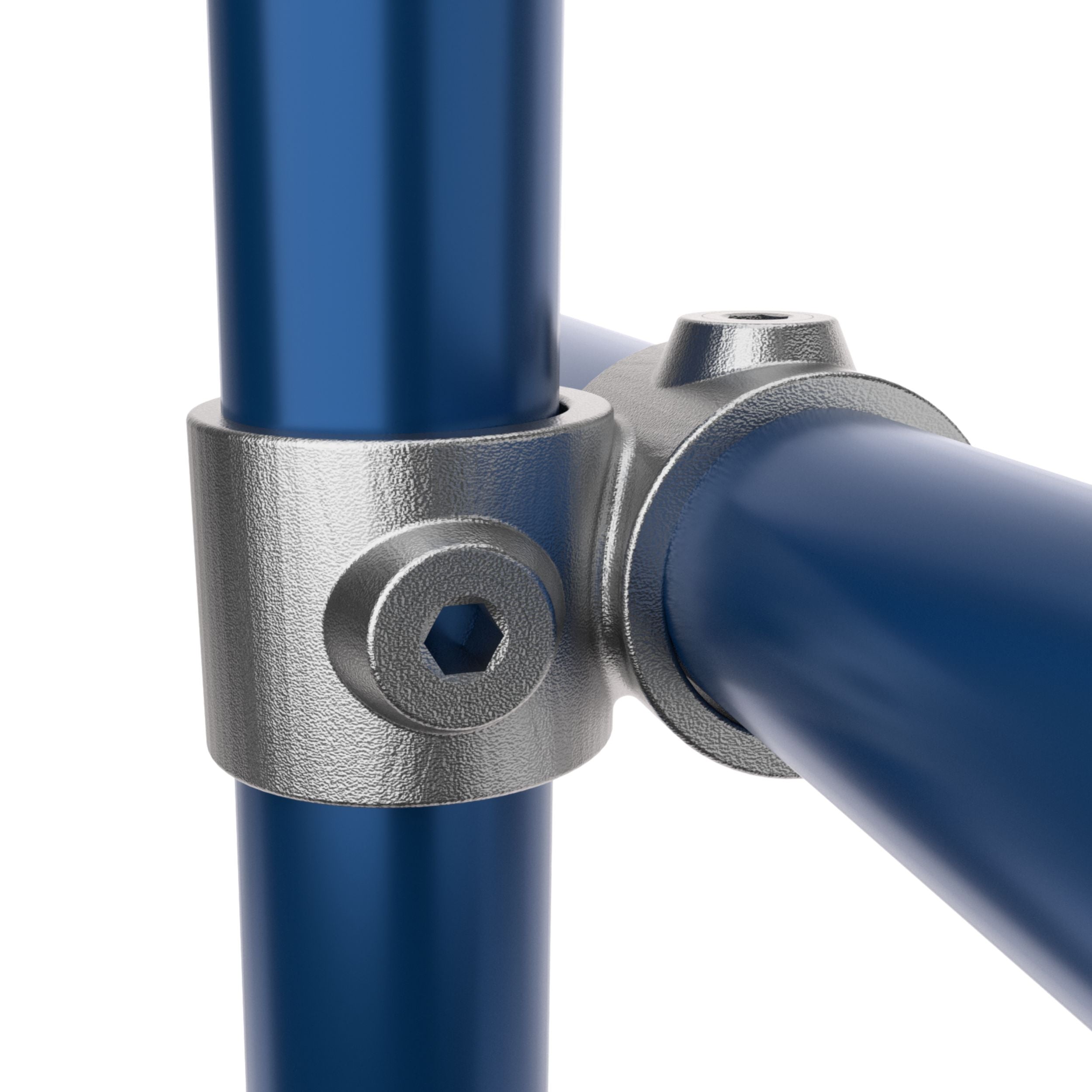 Offset 90° crossover clamp joining two tubes perpendicularly.