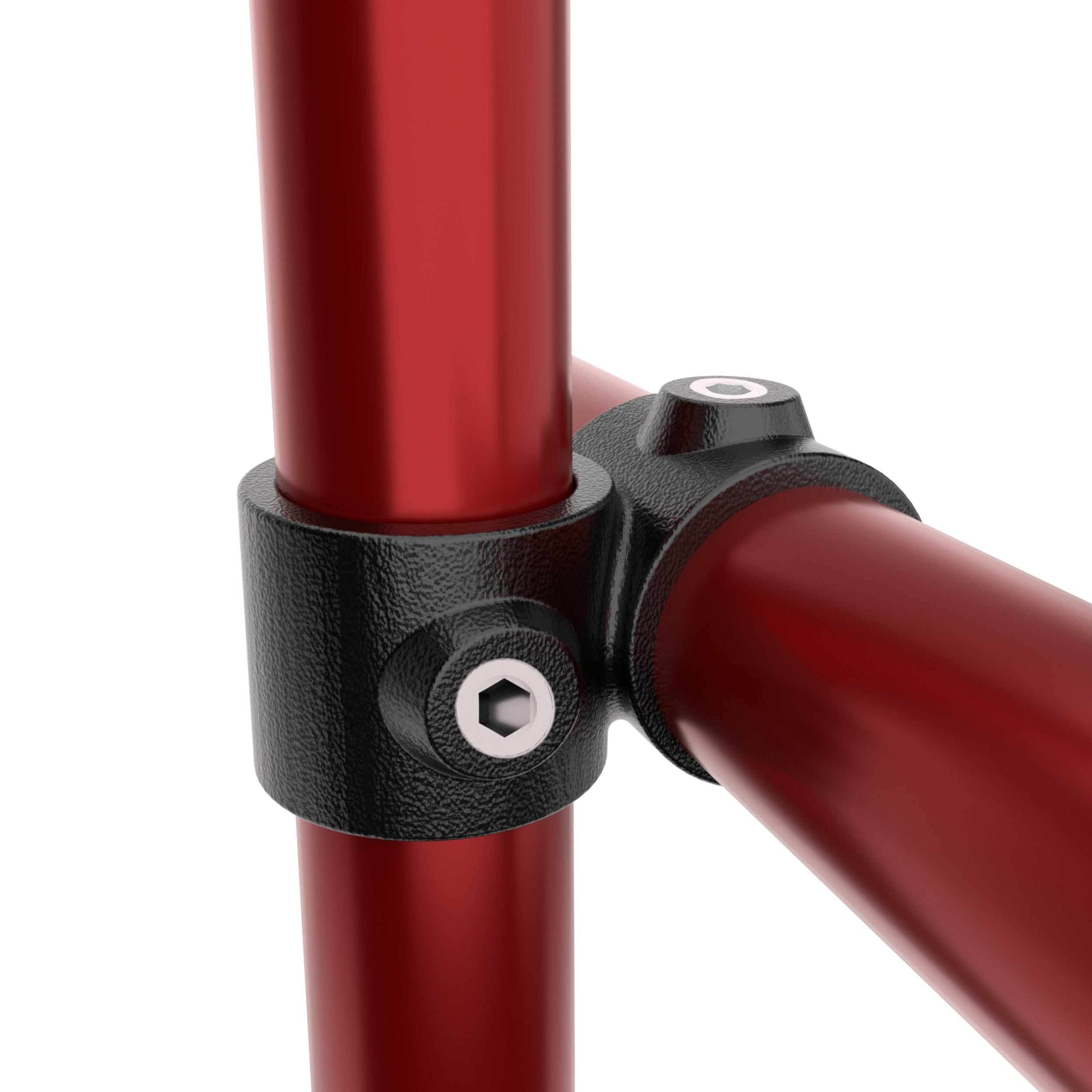 Offset 90° crossover clamp joining two tubes perpendicularly.