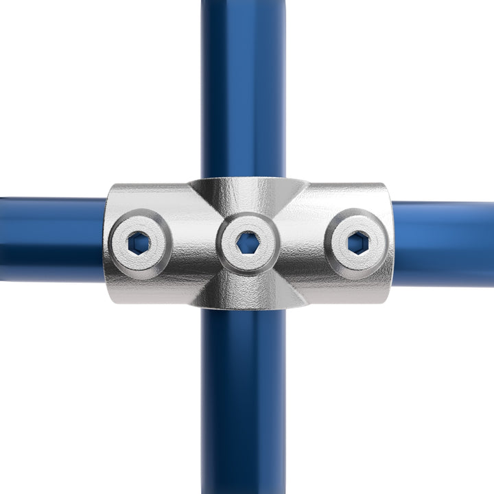 Two socket cross key clamp fitting joining three tubular pipes in a cross configuration.