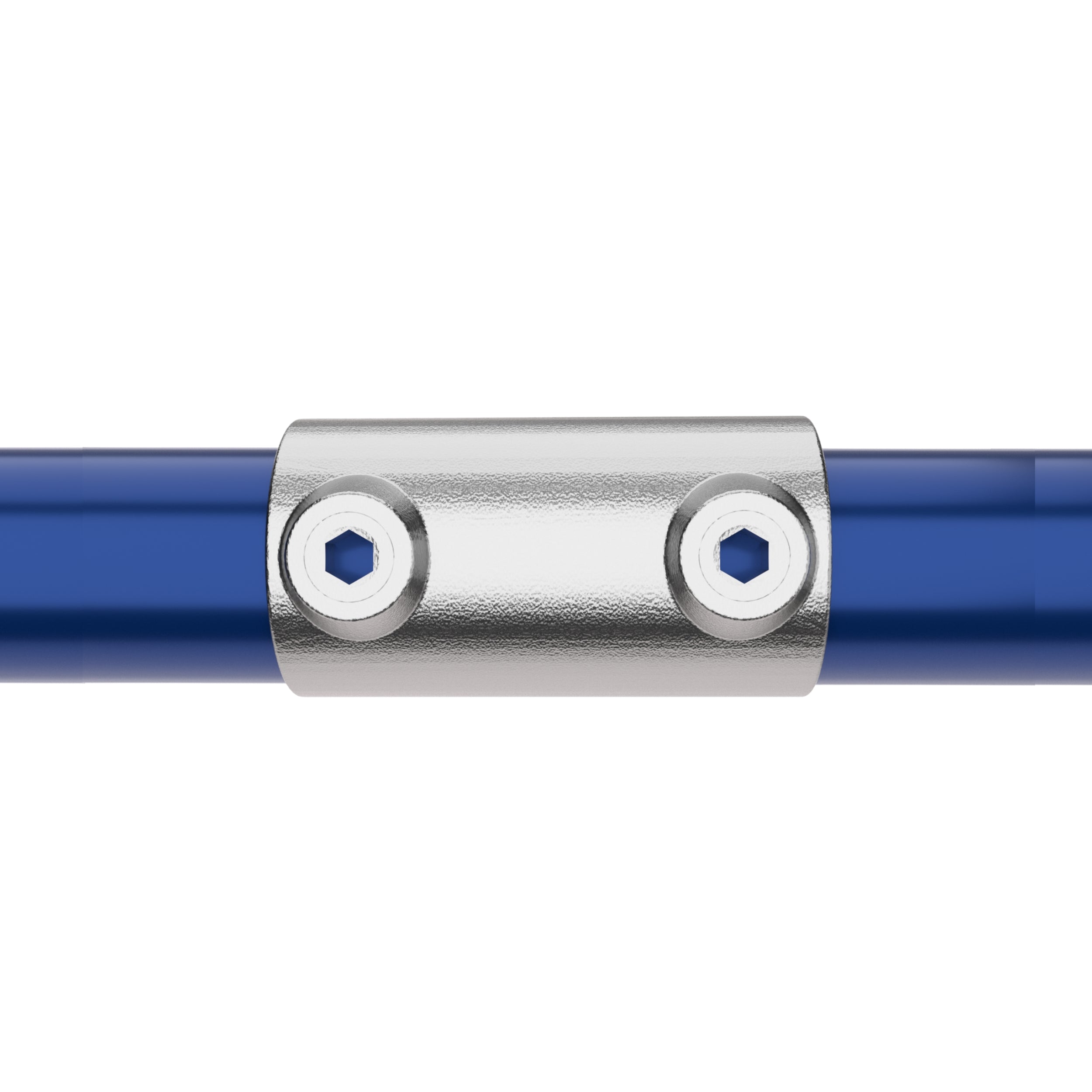 Straight inline external tube clamp connecting two tubular pipes in a straight line.