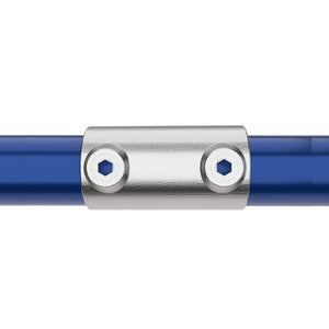 Straight inline external tube clamp connecting two tubular pipes in a straight line.