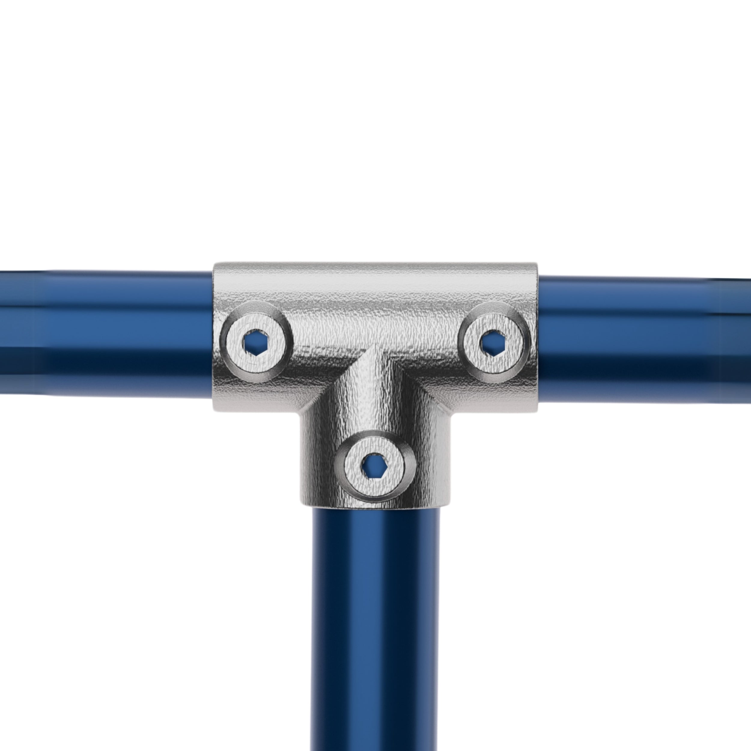 Long tee tube clamp connecting two tubular pipes.