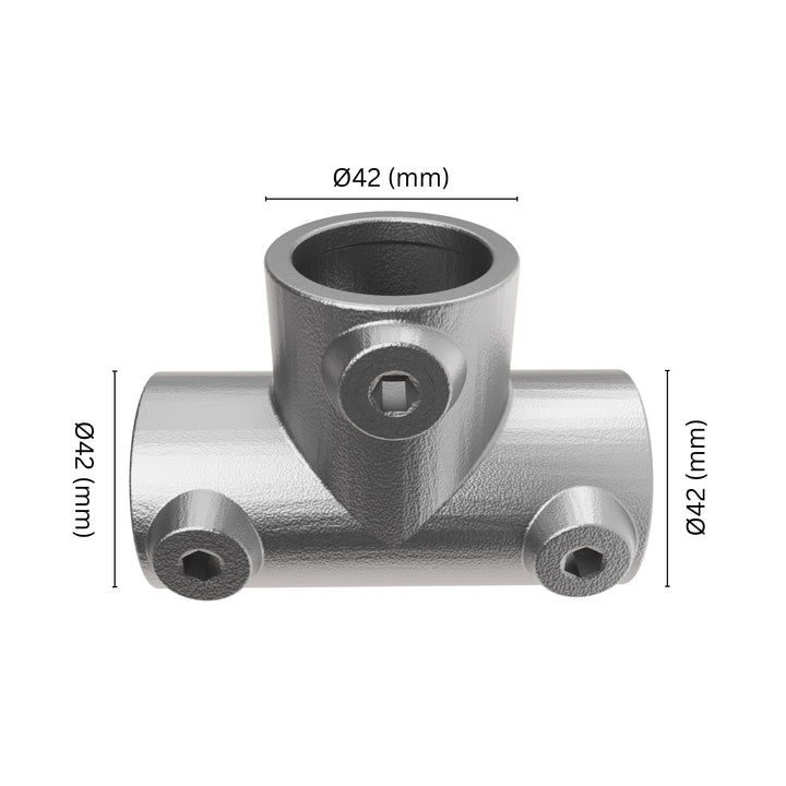 Long tee key clamp fitting 42 mm with labeled dimension.