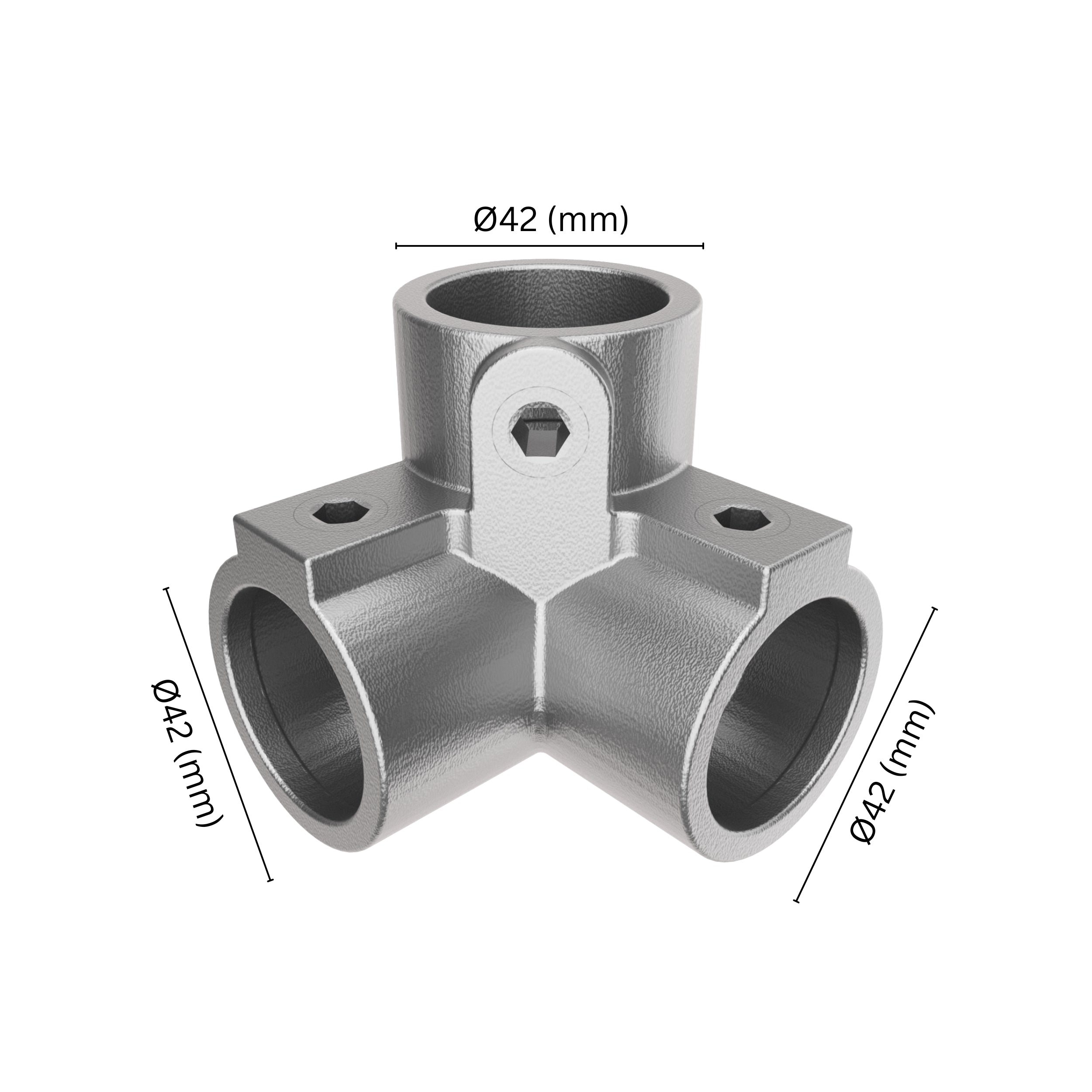 90° 3-way corner pipe clamp 42 mm with labeled dimensions.