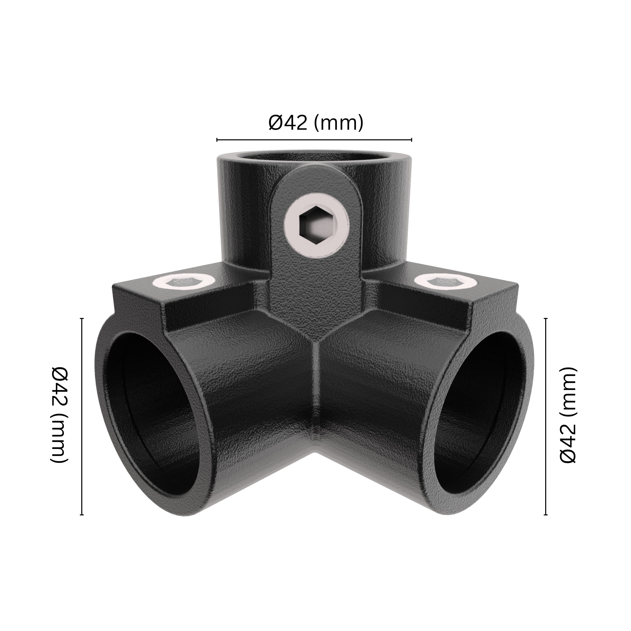 90° 3-way corner pipe clamp 42 mm with labeled dimensions.