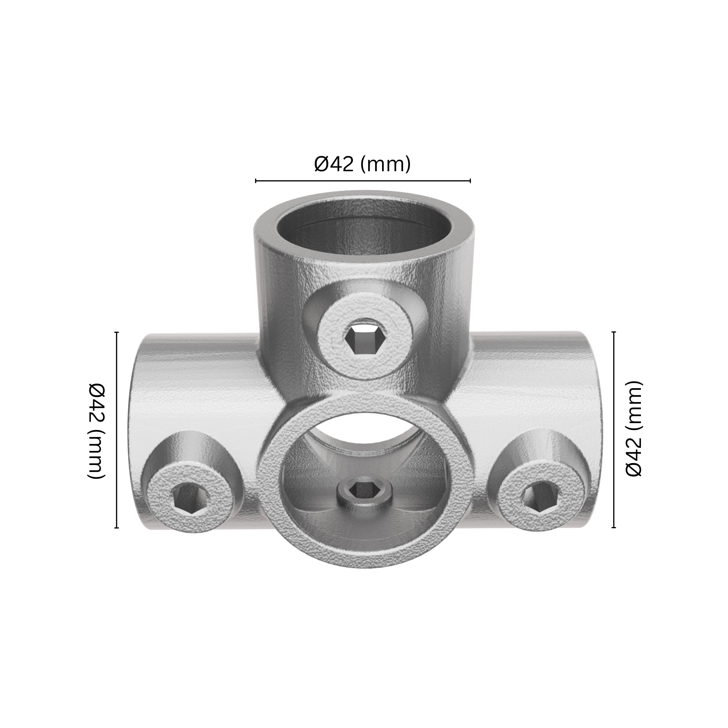 3-way outlet tee tube clamp fitting 42 mm with labeled dimension.