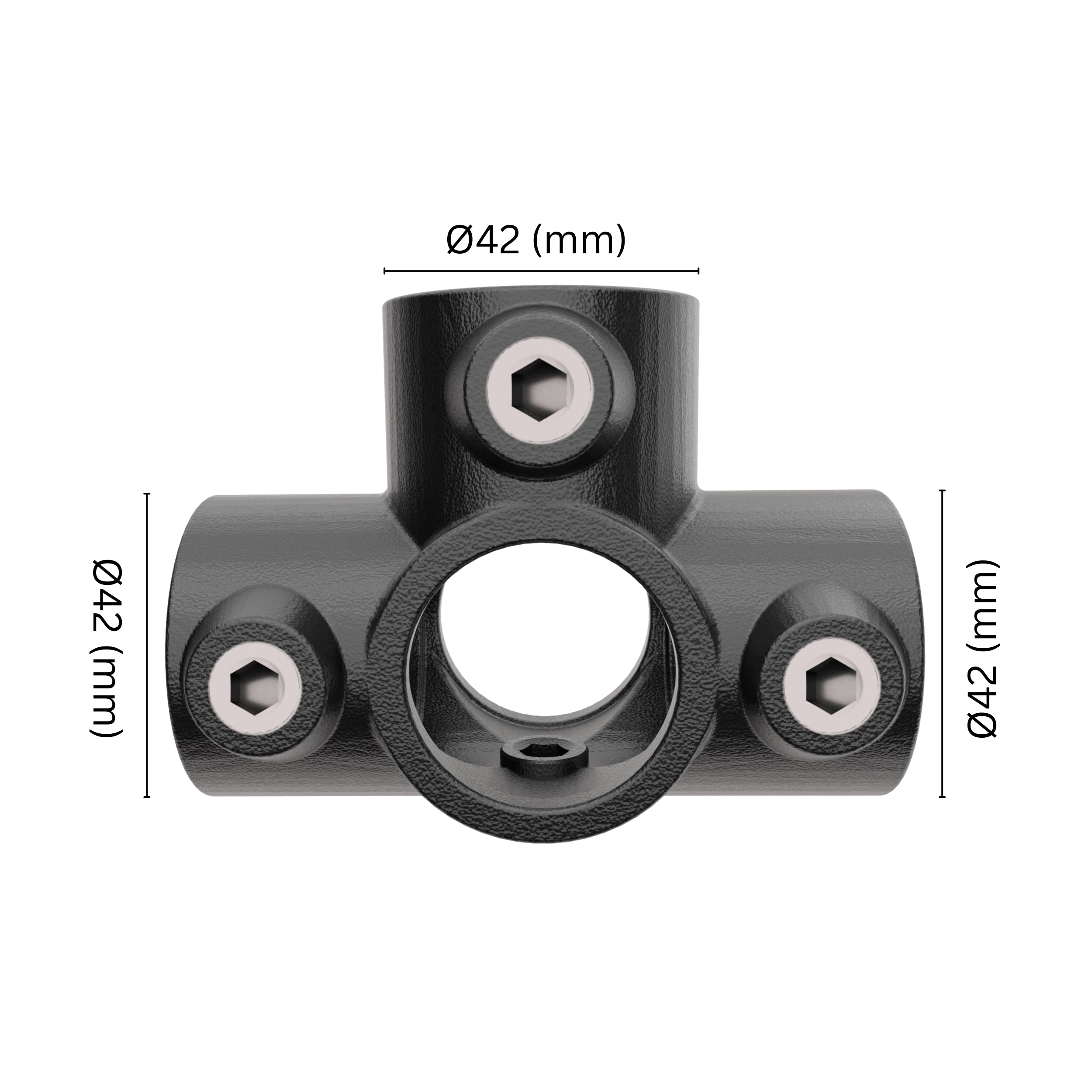 3-way outlet tee tube clamp fitting 42 mm with labeled dimension.