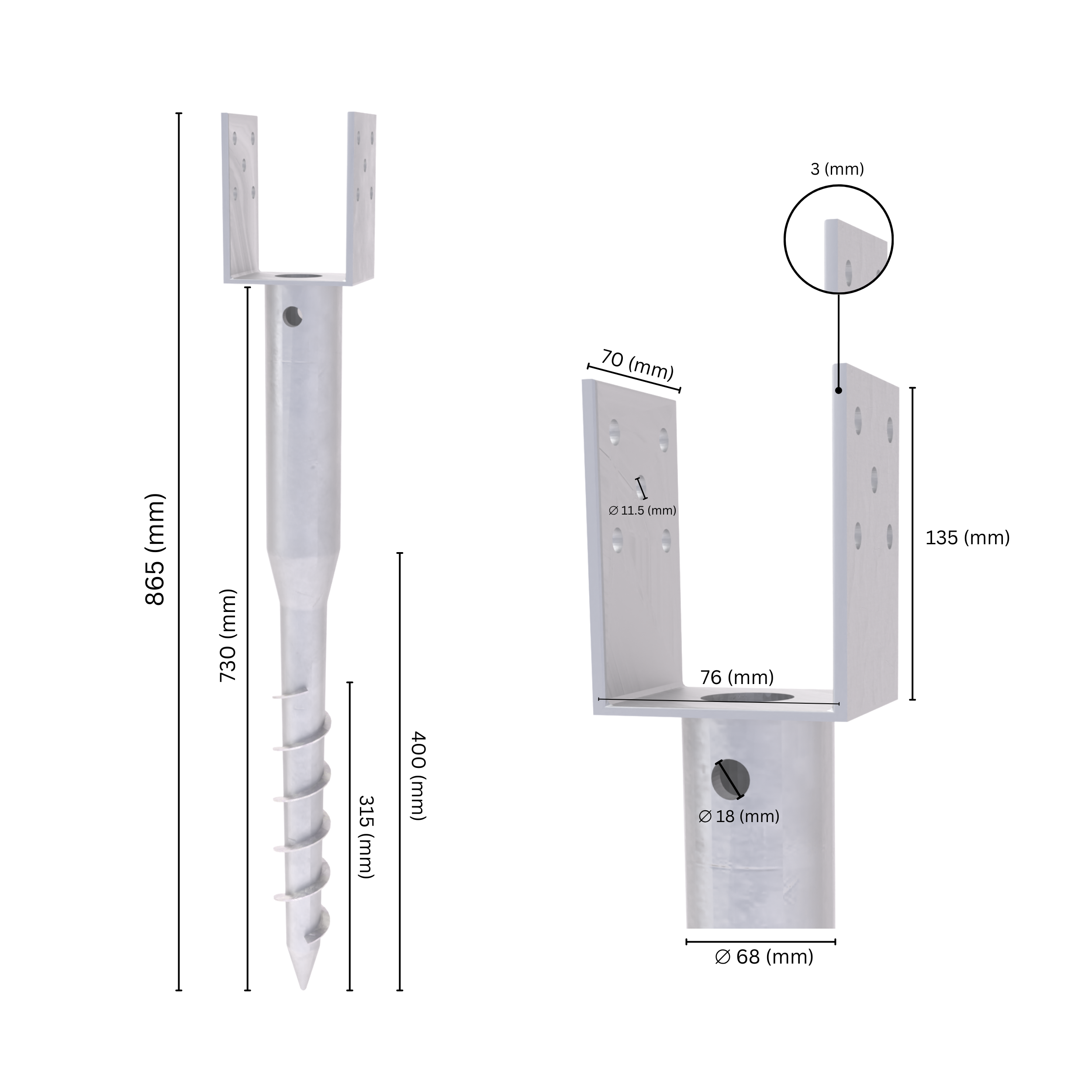 Ground screw U post support with labeled dimension.