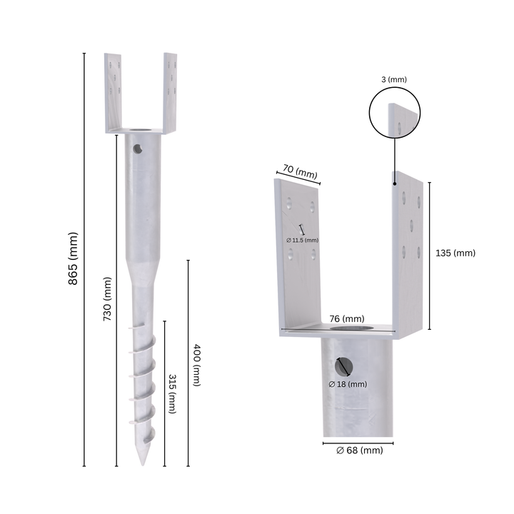 Ground screw U post support with labeled dimension.