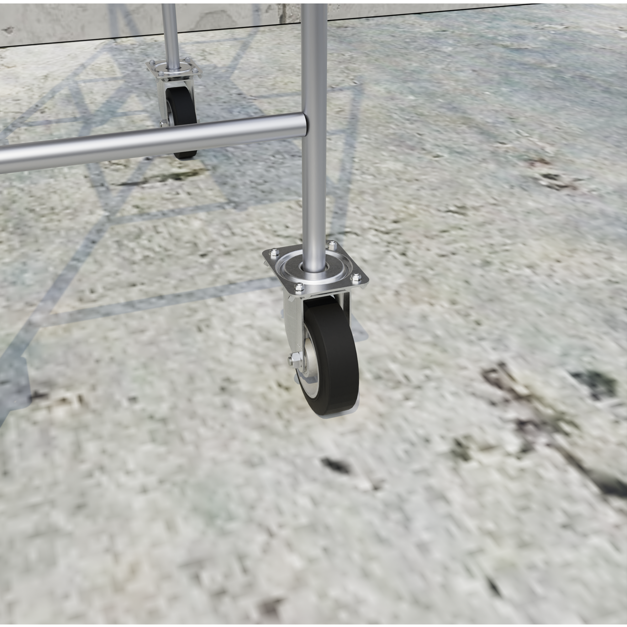 Heavy-duty swivel caster wheels attached to a structure.