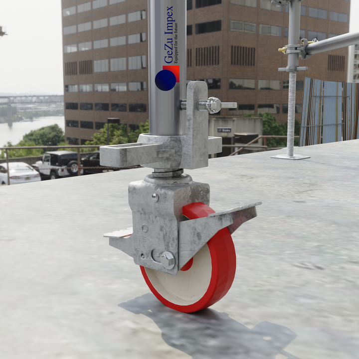 Scaffolding casters with brake attached to a scaffold frame.