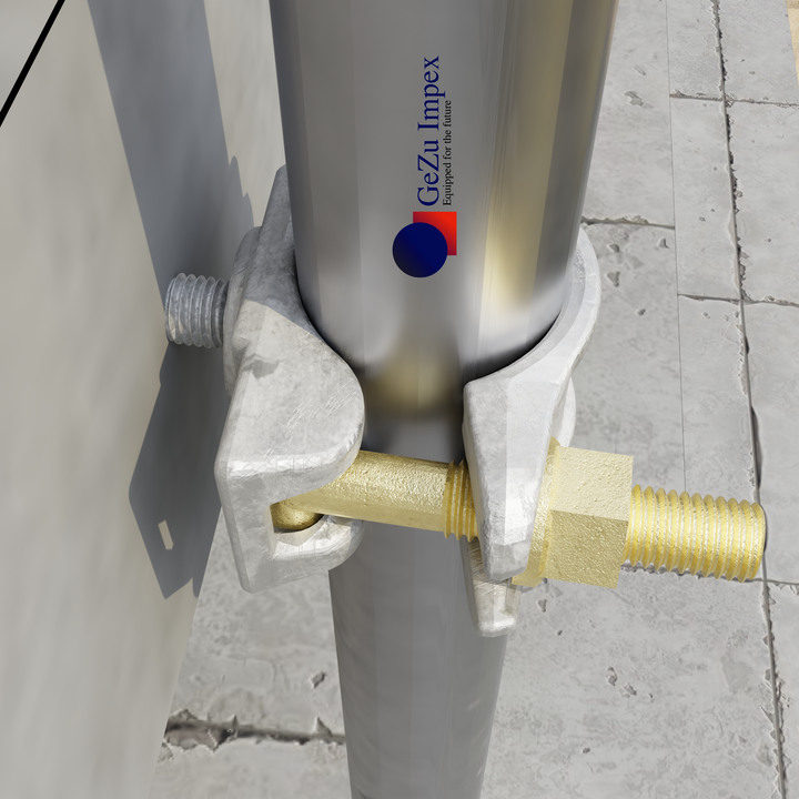Close-up of a scaffold half coupler securing a tube to a fixed structure.