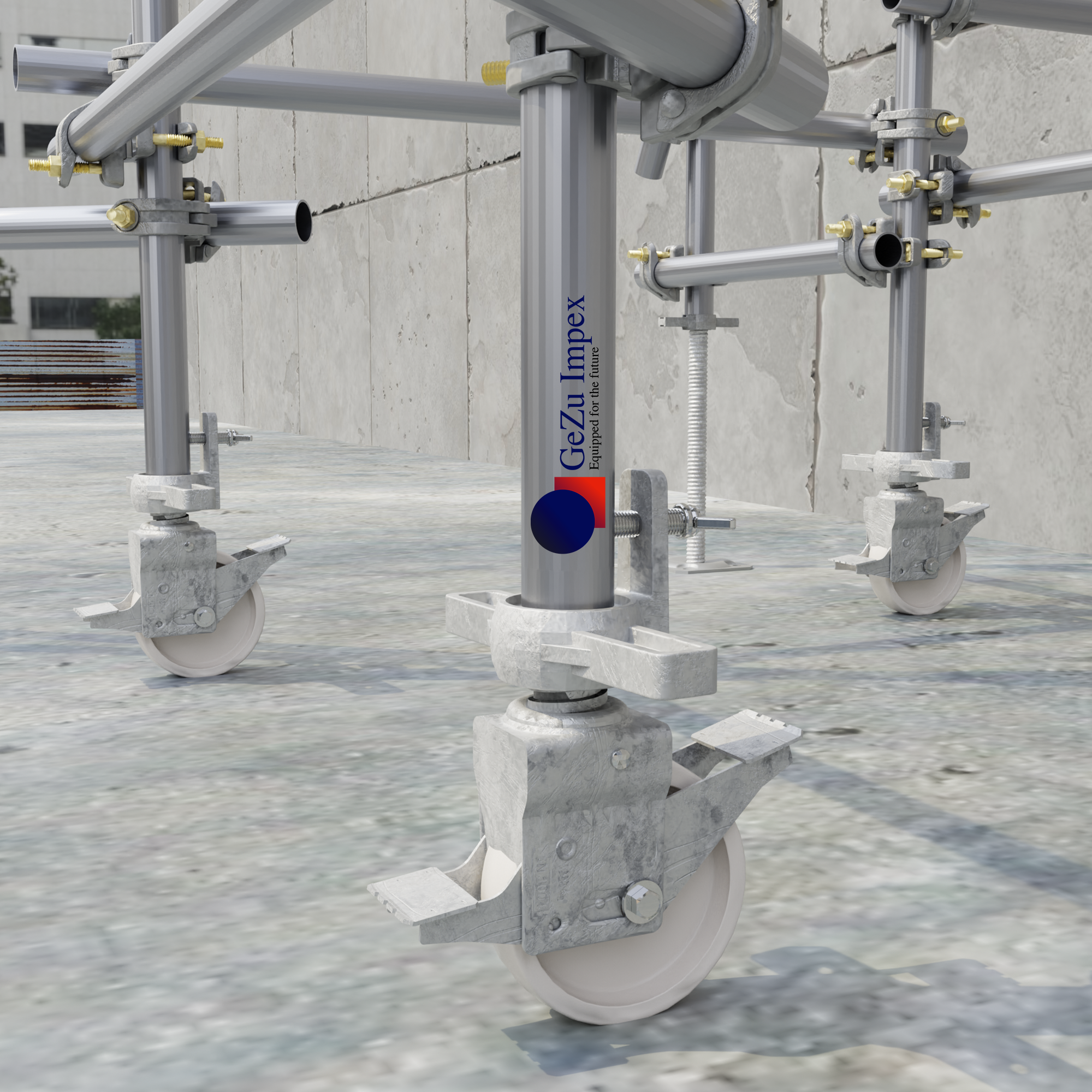 Scaffold frames mounted on heavy-duty adjustable scaffold caster wheels placed on a concrete surface.