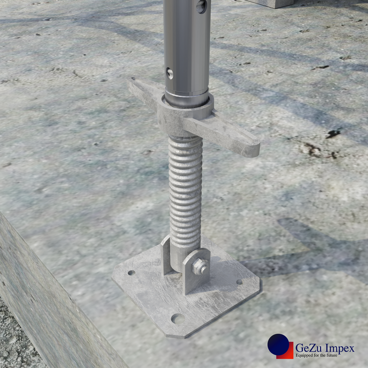 Scaffold swivel screw jack base plate attached to scaffold frames on a concrete surface.