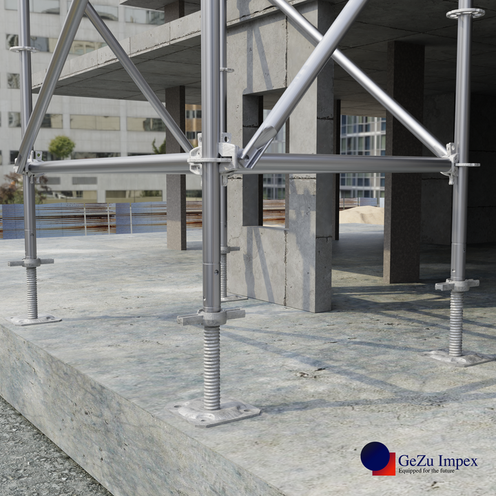 Steel scaffolding system assembled with adjustable leveling scaffolding screw jack for level construction support.