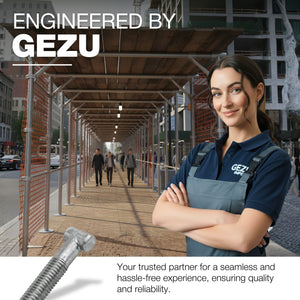 Scaffold walkway over a pavement with a GeZu team member and a galvanised T-bolt in the foreground