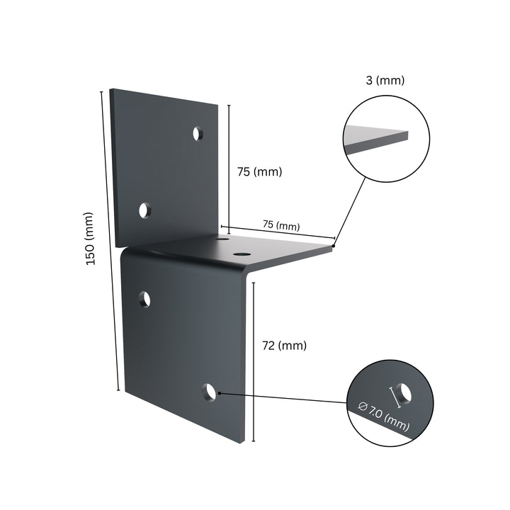 Wall pergola bracket with labeled size dimensions.