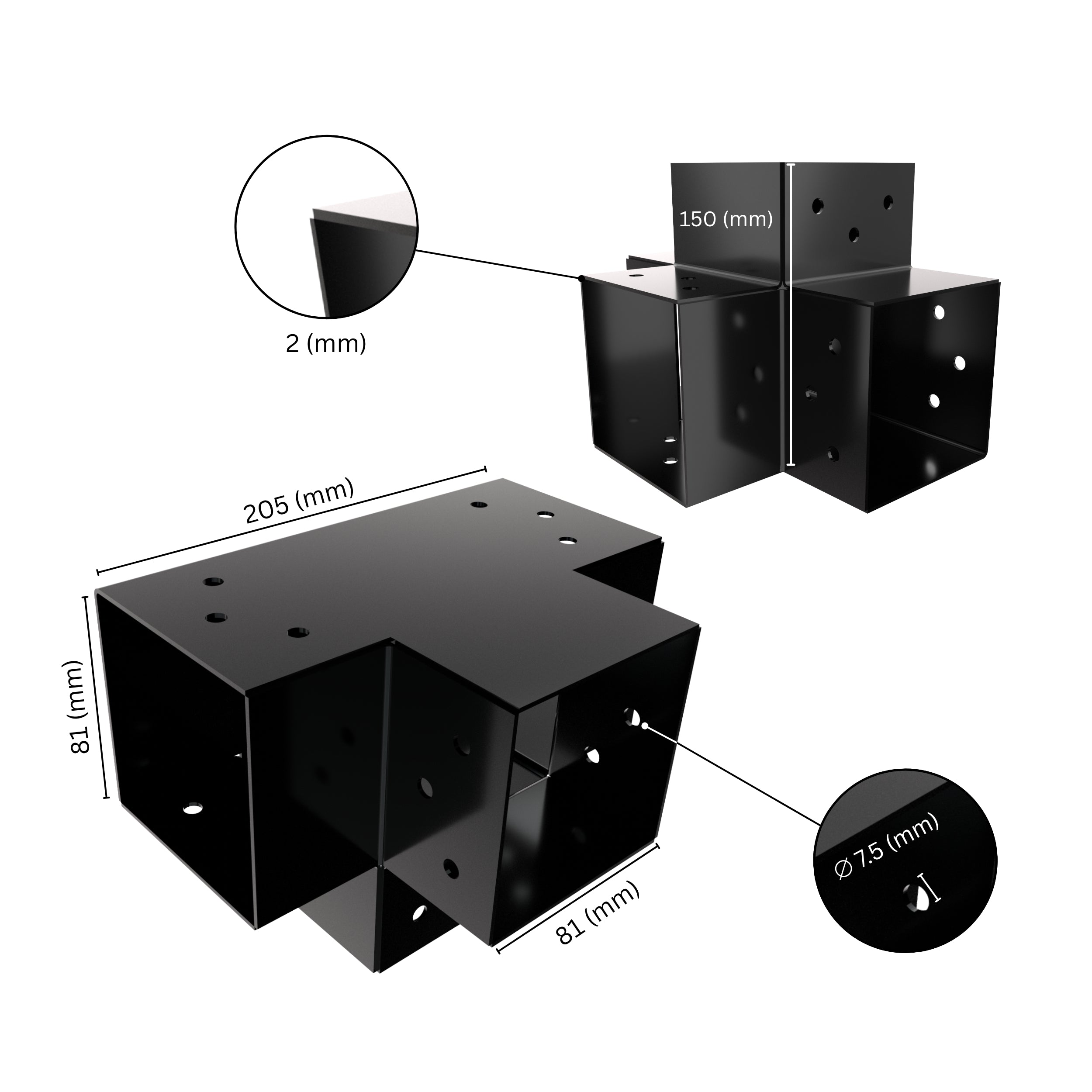 4 way post connector X shaped showing labeled dimensions, bracket size, length and thickness.