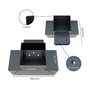 4 way post connector X shaped showing labeled dimensions, bracket size, length and thickness.