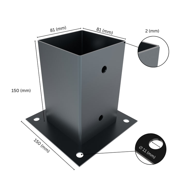 Square post base bracket with labeled dimensions showing bracket size, height, base plate width.