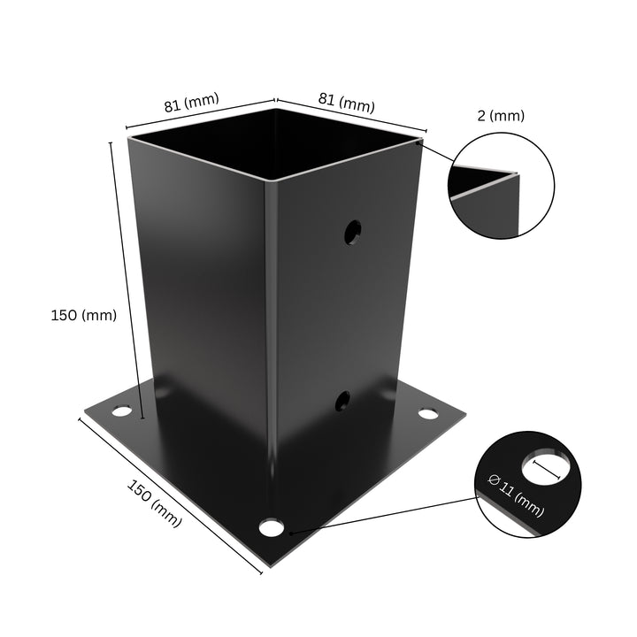 Square post base bracket with labeled dimensions showing bracket size, height, base plate width.