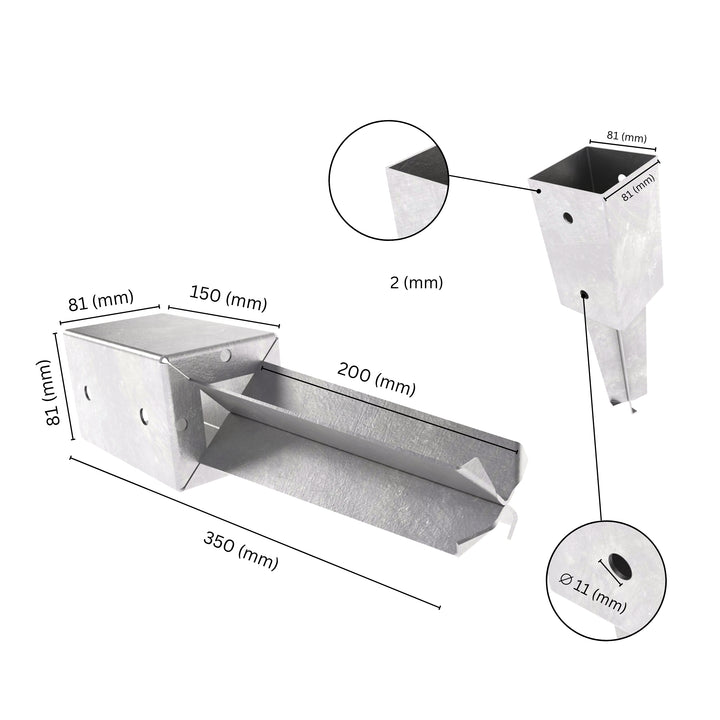Concrete in post spike anchor with labeled size and dimensions.