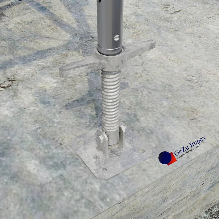 Heavy-duty adjustable swivel base jack connected to scaffolding frame for leveling and stability.