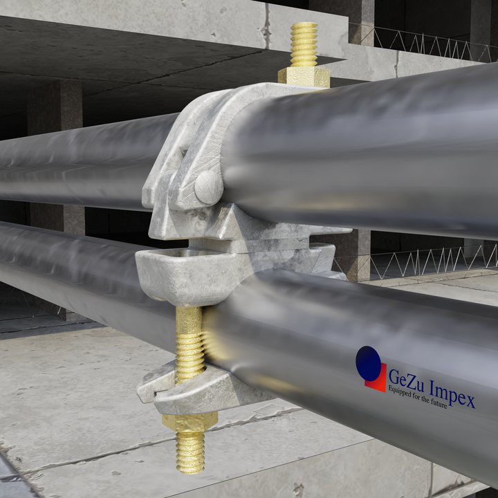 Two scaffold tubes joined in a parallel alignment using a scaffolding parallel coupler on a construction site.