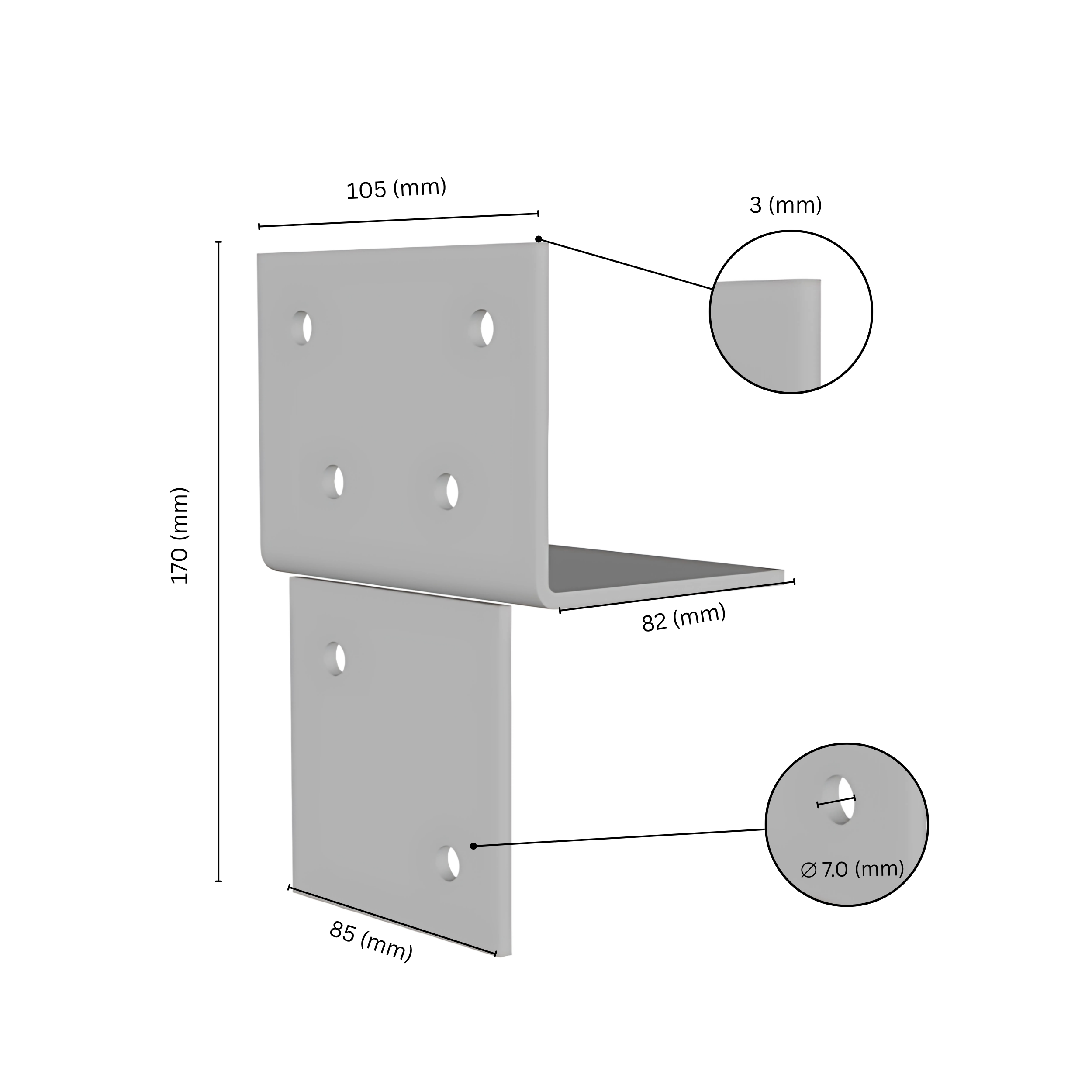 Wood connector T angle bracket with labeled dimensions.