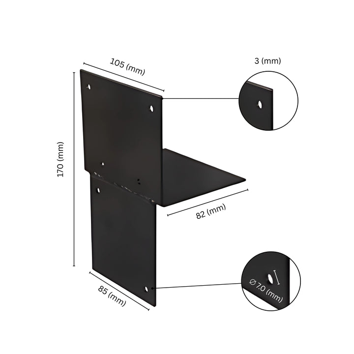 Wood connector T angle bracket with labeled dimensions.