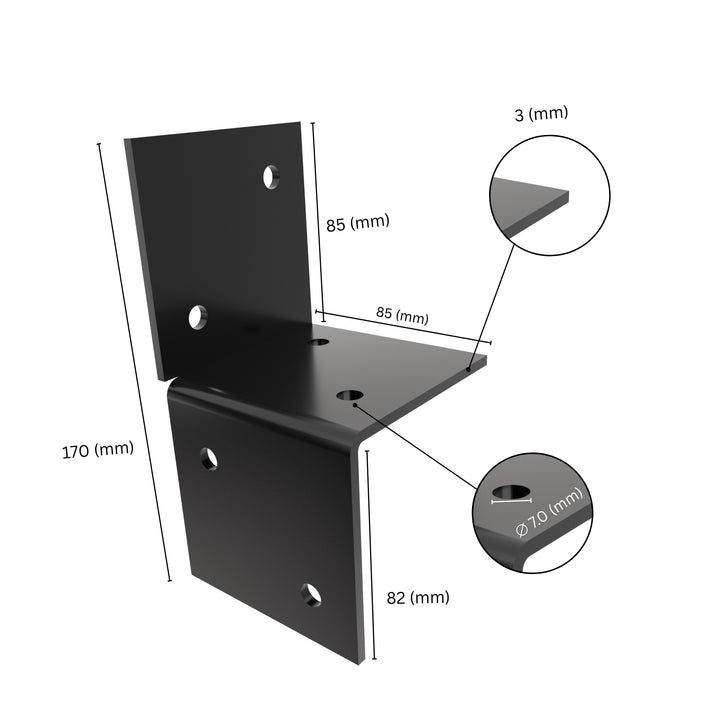 Wall pergola bracket with labeled size dimensions.