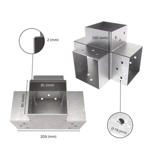 4 way post connector X shaped showing labeled dimensions, bracket size, length and thickness.