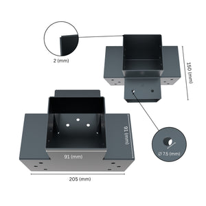 4 way post connector X shaped showing labeled dimensions, bracket size, length and thickness.