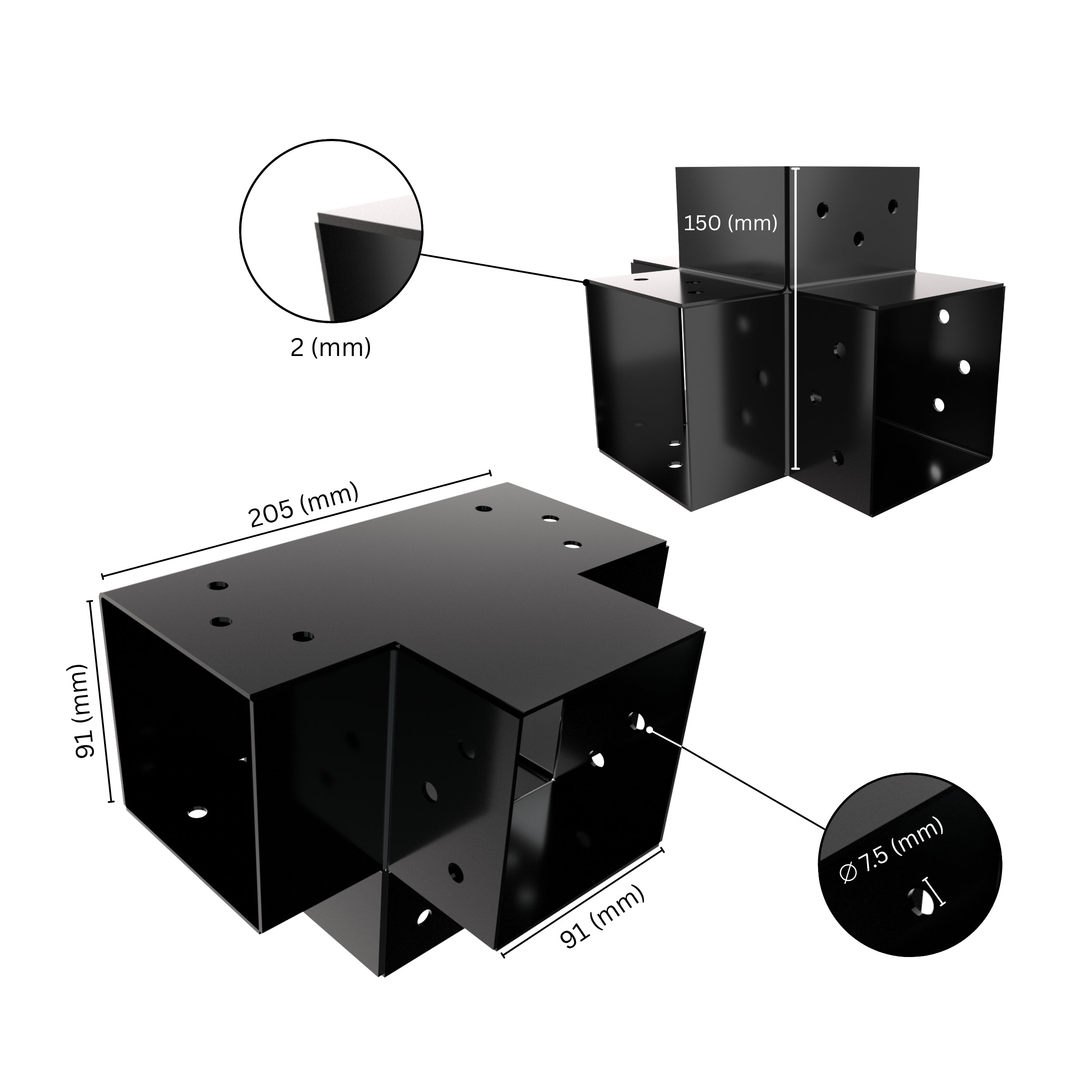 4 way post connector X shaped showing labeled dimensions, bracket size, length and thickness.