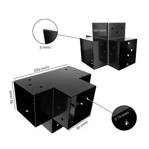 4 way post connector X shaped showing labeled dimensions, bracket size, length and thickness.