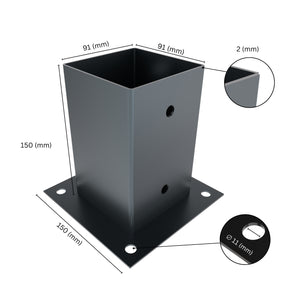 Square post base bracket with labeled dimensions showing bracket size, height, base plate width.