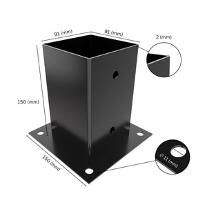 Square post base bracket with labeled dimensions showing bracket size, height, base plate width.